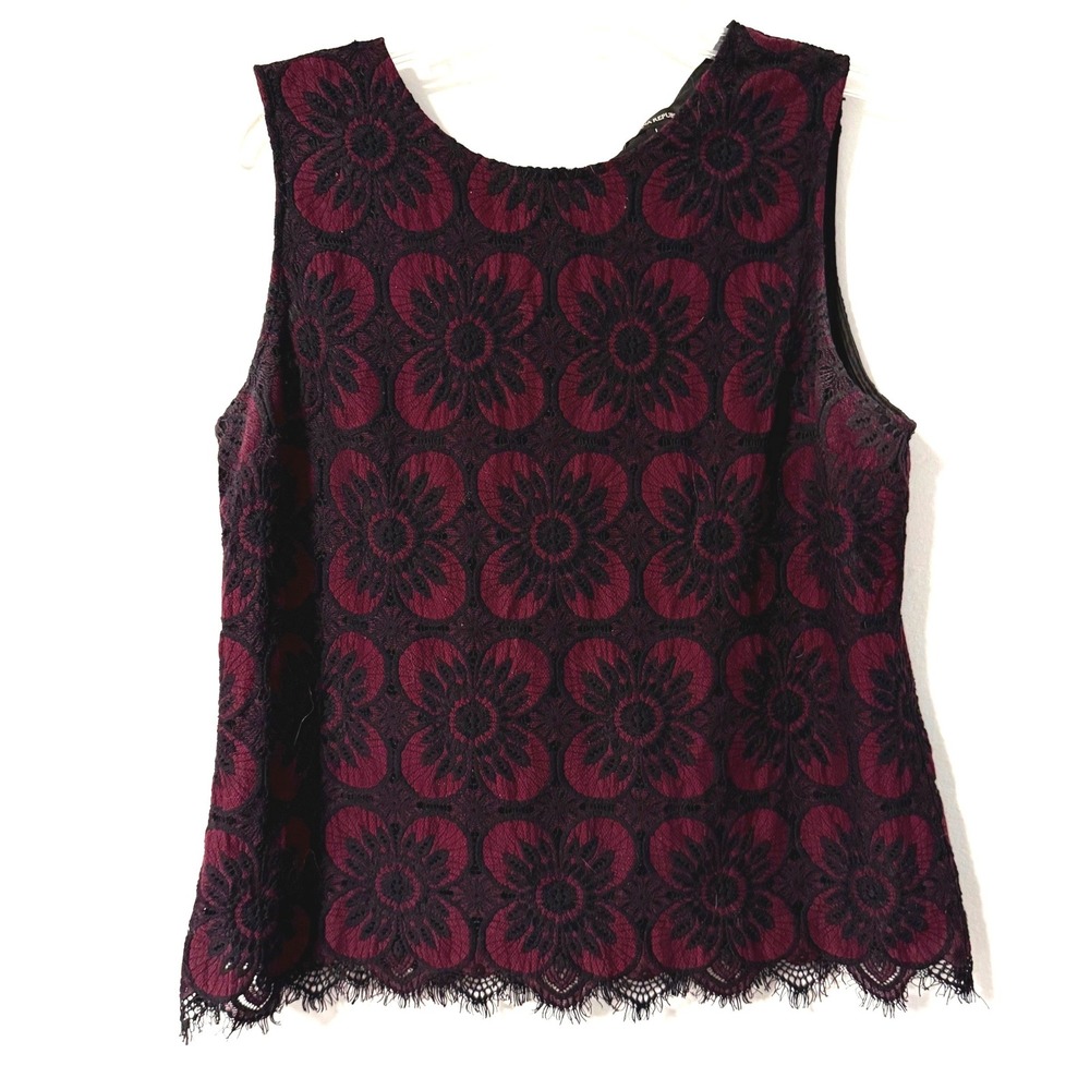 Banana Republic Womens Large Burgundy Black Floral Lace Sleeveless Tie Back Top